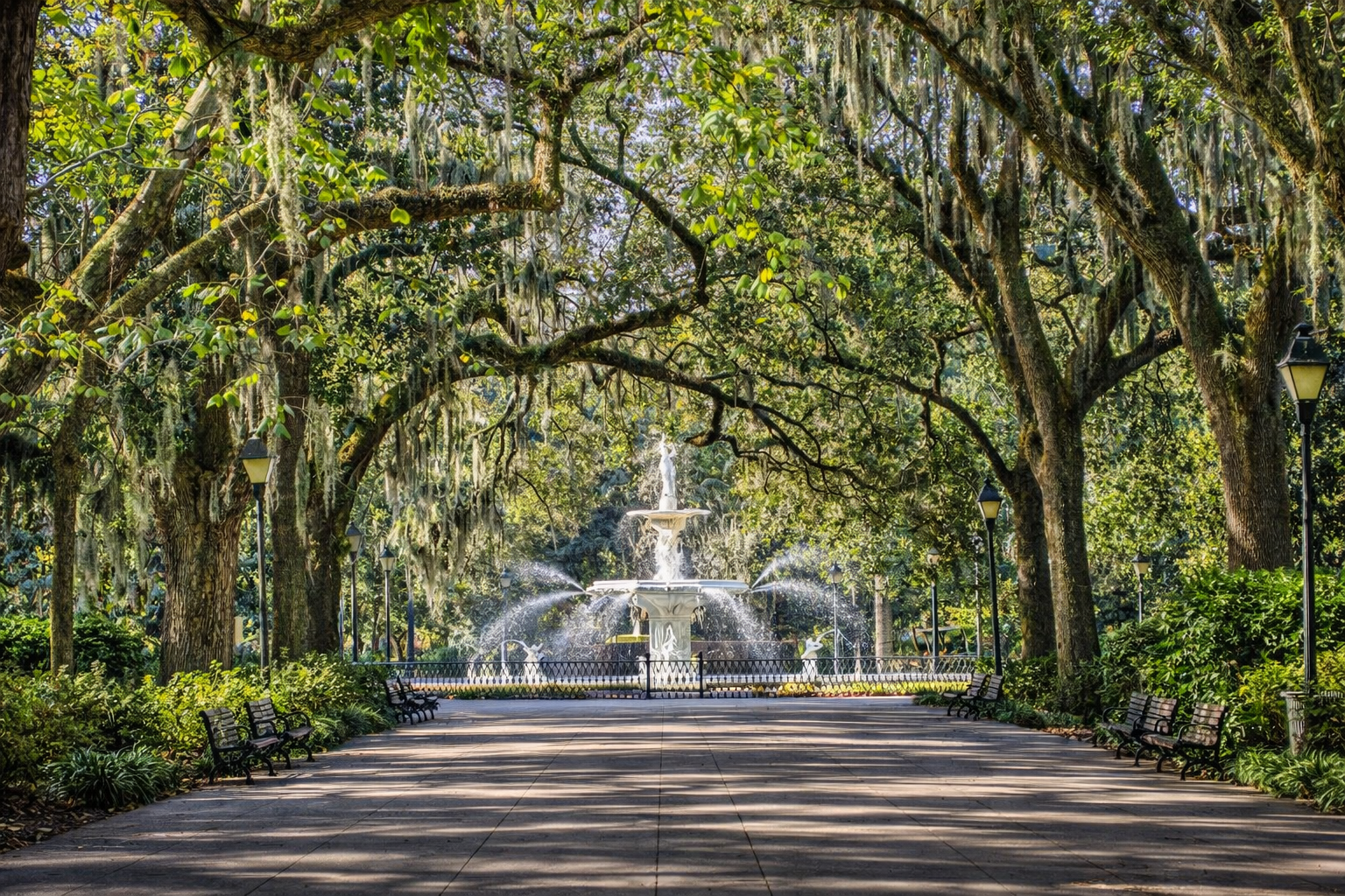 Savannah Georgia historic squares at dusk